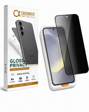 CROWNYX Privacy Screen Protector for Samsung S24 Plus with Easy Installation Kit, 9HTempered Glass, Anti-Spy, Dust-Free Installation,Anti-Fingerprint,Shatterproof,Scratch Resistant,Bubble-Free