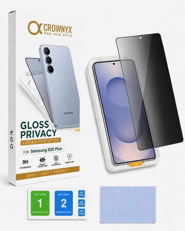CROWNYX Privacy Screen Protector for Samsung S25 Plus with Easy Installation Kit, 9HTempered Glass, Anti-Spy, Dust-Free Installation,Anti-Fingerprint,Shatterproof,Scratch Resistant,Bubble-Free