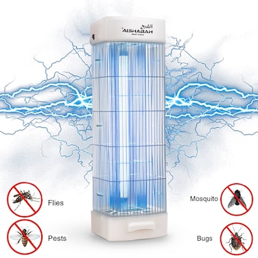 قاتل الحشرات الكهربائي 15 واط، قاتل الحشرات الطائرة بالضوء الأزرق وضغط عالي 3800 فولت لقتل الآفات - أبيض