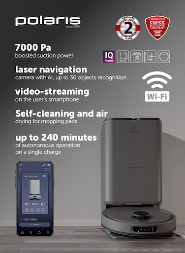 Polaris Robot vacuum cleaner with self-cleaning station PVCRAC 7790 WiFi IQ Home AS Graphite