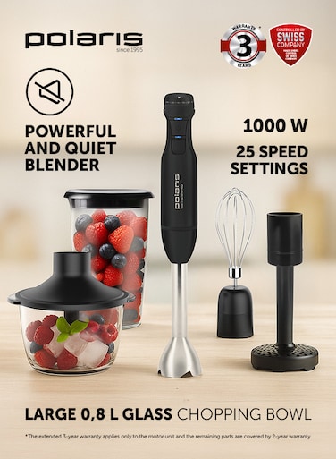 Polaris PHB 1017GL: 1000W SilentPRO, 4-in-1 (blender, chopper, mixer, puree), 0.7L BPA-free cup, titanium 4-blade, 0.8L chopper, 25 speeds + turbo, 3-yr warranty.