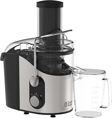 Russell Hobbs Juicer 800W with 1.1L Juice Container, 75mm Wide Feeding Tube, Dual Speed Control, Anti-Slip Feet, Pulp Container &amp; Steel Lock Arm, GS329 Black