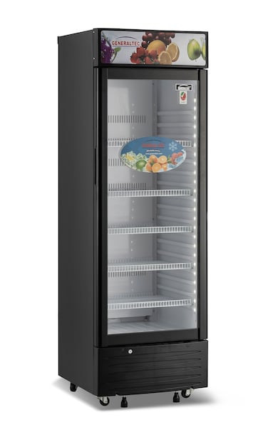 Generaltec Showcase Chiller Single Glass Door, Black Color, with 5 Year Compressor &amp; 1 Year Full Warranty