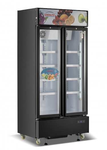 Generaltec Double Glass Door Showcase Chiller - Black, Adjustable Shelves, LED Light, Digital Thermostat, 5-Year Compressor Warranty