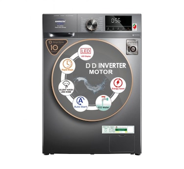 Generaltec Washing Machine 10KG 15 Programs Front Load, 1200 RPM, 5 Star Energy Saving Fully Automatic, Direct Drive, LCD Display, Child Lock, GWF10T12DD, Grey - Inverter Motor, 10 Yrs Motor Warranty