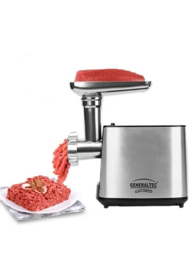 مفرمة لحم جنرالتيك 500 وات مع غطاء من الفولاذ المقاوم للصدأ، وشفرة وتروس فولاذية، ولوحة تقطيع 3 مم، 5 مم، 7 مم