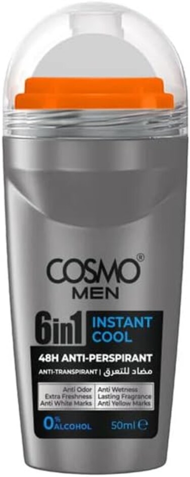 Cosmo Men&rsquo;s 6-in-1 Instant Cool Roll-On Deodorant &ndash; 50ml, Quick Dry, Long-Lasting Sweat &amp; Odor Protection, Cooling Freshness, Alcohol-Free
