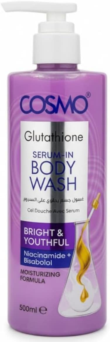 Cosmo Body Care Glutathione Serum In Bright &amp; Youthful Body Wash 500ml, Best For Anti Aging, Vitamin E &amp; Collagen Peptides, Brightens Dull Skin, Body Cleanser, For All Skin Types, Shower Gel