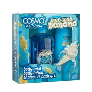 Cosmo Skin Care Delicious Blue Java Banana Sundae 3 Pieces Gift Set For Women &amp; Men, 150ml Fragrance Mist, 350ml Aloe Vera Shower Gel, 200ml Shea Butter Body Lotion, Creamy Banana Fragrance