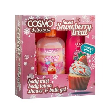 Cosmo Skin Care Delicious Sweet Snowberry Treat 3 Pieces Gift Set For Women &amp; Men, 150ml Fragrance Mist, 350ml Aloe Vera Shower Gel, 200ml Shea Butter Body Lotion, Festive Snow Berry Cupcake Scent