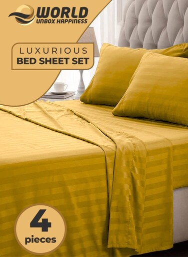 4-Piece Luxury Gold Striped Bedding Set Includes 1 Regular Bedsheet, 1 Fitted Bed Sheet, and 2 Pillow Cases for Ultimate Hotel-Inspired&Acirc;&nbsp;Sophistication in King, Queen and Single Sizes
