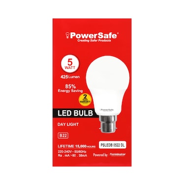 PowerSafe LED Bulb 5W Daylight B22, 425 Lumen, 6500K, 85% Energy Saving, 15,000 Hours Lifespan, with Surge Protection, ESMA Approved