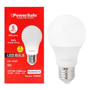PowerSafe LED Bulb 5W Daylight E27, 450 Lumen, 6500K, 85% Energy Saving, 15,000 Hours Lifespan, with Surge Protection, ESMA Approved