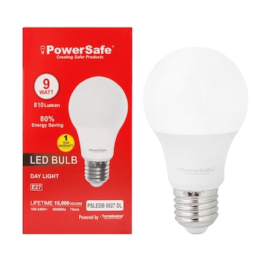 PowerSafe LED Bulb 9W Daylight E27, 810 Lumen, 6500K, 85% Energy Saving, 15,000 Hours Lifespan, with Surge Protection, ESMA Approved