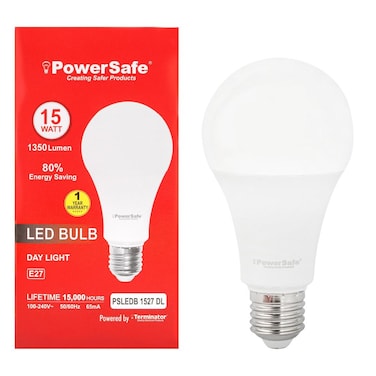 PowerSafe LED Bulb 15W Daylight E27, 1350 Lumen, 6500K, 85% Energy Saving, 15,000 Hours Lifespan, with Surge Protection, ESMA Approved