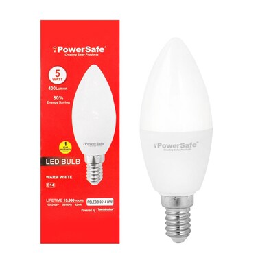 PowerSafe LED Candle Bulb 5W Warm White E14, 450 Lumen, 3000K, 85% Energy Saving, 15,000 Hours Lifespan, with Surge Protection, ESMA Approved