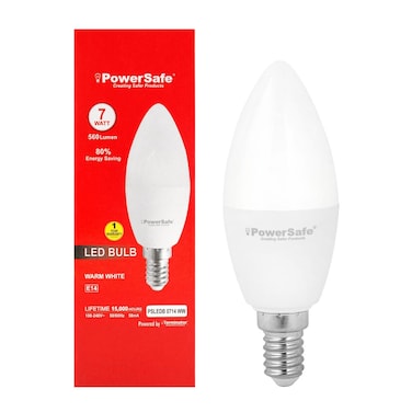 PowerSafe LED Candle Bulb 7W Warm White E14, 630 Lumen, 3000K, 85% Energy Saving, 15,000 Hours Lifespan, with Surge Protection, ESMA Approved
