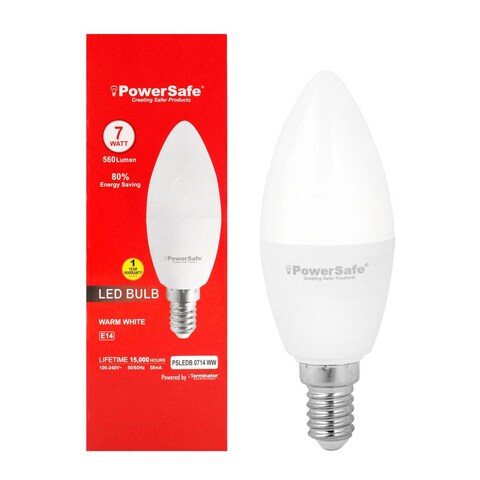 PowerSafe LED Candle Bulb 7W Warm White E14, 630 Lumen, 3000K, 85% Energy Saving, 15,000 Hours Lifespan, with Surge Protection, ESMA Approved
