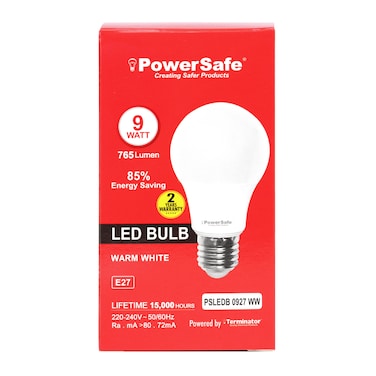 PowerSafe LED Bulb 9W Warm White E27, 765 Lumen, 3000K, 85% Energy Saving, 15,000 Hours Lifespan, with Surge Protection, ESMA Approved