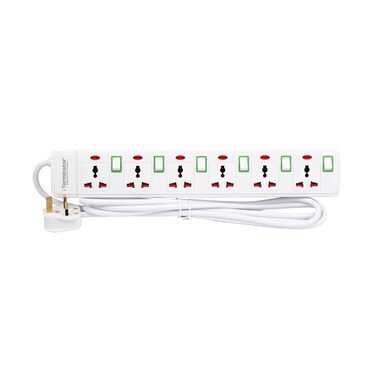 Terminator 6 Way Universal Power Extension Socket With Green Border Switches &amp; Indicators 3M 13A