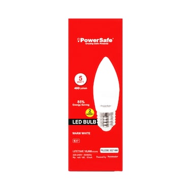 PowerSafe LED Candle Bulb 5W Warm White E27, 400 Lumen, 3000K, 85% Energy Saving, 15,000 Hours Lifespan, with Surge Protection, ESMA Approved