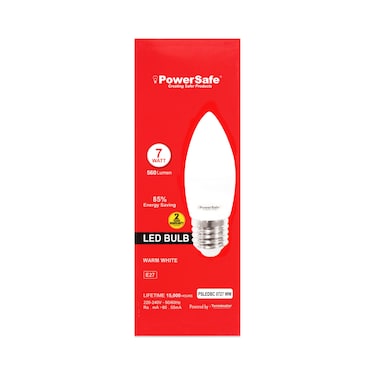 PowerSafe LED Candle Bulb 7W Warm White E27, 560 Lumen, 3000K, 85% Energy Saving, 15,000 Hours Lifespan, with Surge Protection, ESMA Approved