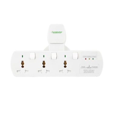 Terminator 3 Way Universal T Socket With Surge Protection,Individual Switch And Indicator