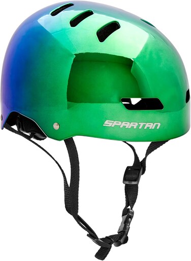 خوذة التزلج Spartan Mirage Plus للكبار، مقاس متوسط ​​54-58 سم، طلاء كروم بألوان قوس قزح، غلاف من مادة ABS مع بطانة من إسفنج EPS، نظام ضبط المقاس، 12 فتحة تهوية، خفيفة الوزن 500 غرام، متعددة