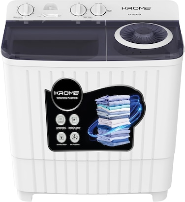 Krome 8kg Twin Tub Semi-Automatic Washing Machine, Aluminium Spin Motor, Mechanical Timer, 4 Star Rated, 360W Wash / 170W Spin, White, KR-WSA80K
