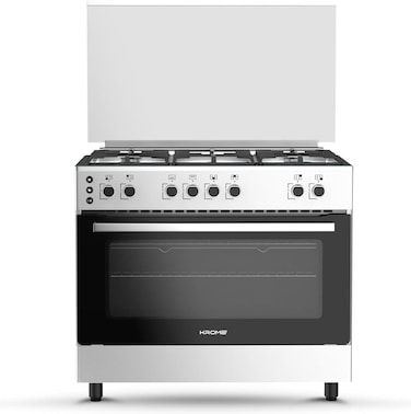 Krome 90x60cm Free Standing Gas Cooker, 5 Burners, Full Gas Ignition, Double Knob Control, Double Oven Lamps, Safety, Inox, KR-CR906O