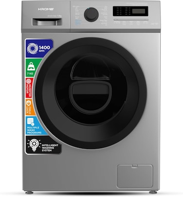 Krome 8kg Front Load Washing Machine, BLDC Inverter Motor, 1400 RPM, 15 Programs, Lunar Dial, LED Display, Multiple Temperature, Titanium, KR-WFL80SSI