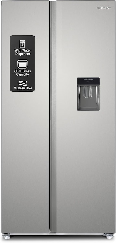 Krome 600L Gross Side-By-Side Refrigerator, Inverter Compressor, No Frost, Multi Air Flow, Water Dispenser, Door Alarm, Electronic Touch Control, INOX, KR-SBS600WM