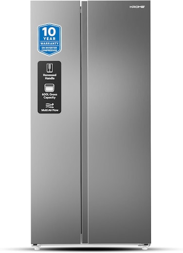 Krome 600L Gross Side-By-Side Refrigerator, Inverter Compressor, No Frost, Multi Air Flow System, Door Alarm, Silver, KR-SBS601SM