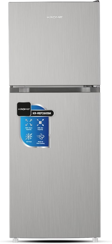 Krome 260L Gross Double Door Top-Mounted Refrigerator, Multi Air Flow System, No-Frost Cooling, Electronic Touch Temperature Control, Door Alarm, Silver, KR-RFF260SM
