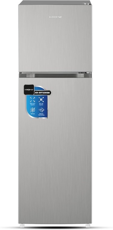 Krome 330L Gross Top Mount Double Door Refrigerator, Inverter Compressor, No Frost, Multi Air Flow, Electronic Touch Temperature Control, Door Alarm, Silver, KR-RFF330SM