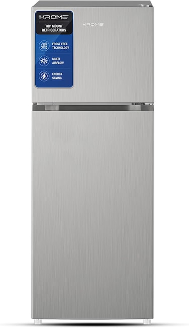 Krome 330L Gross Top Mount Double Door Refrigerator, Inverter Compressor, No Frost, Multi Air Flow, Electronic Touch Temperature Control, Door Alarm, Silver, KR-RFF330SM