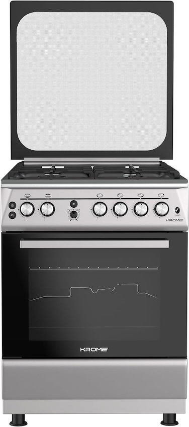 KROME 60x60cm Free Standing Cooker, Cast Iron,Gas Oven, Full Gas Ignition with 4 Burners, Stainless Steel Cooking Range, Double Knob Control, Full Safety, MADE IN TURKEY, INOX, KR-CR 606KF