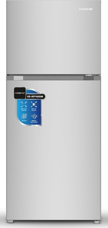 Krome 455L Gross Top Mount Double Door Refrigerator, Inverter Compressor, No Frost, LED Display, Easy Access Shelves, INOX, KR-RFF480IM