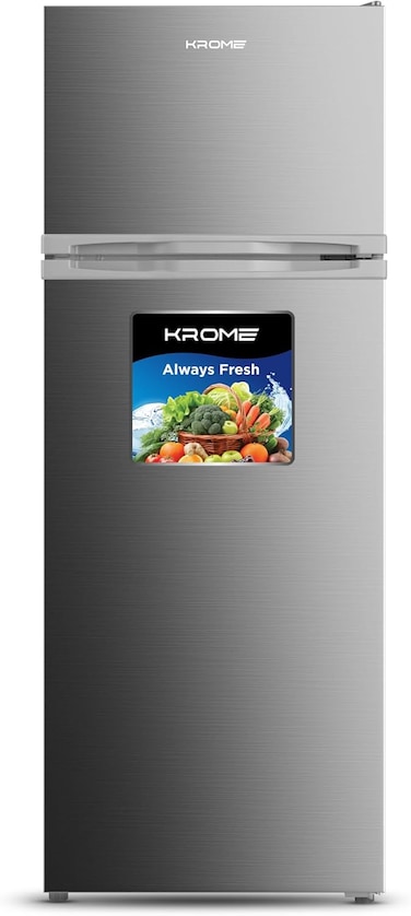 Krome 270L Gross Double Door Top-Mounted Refrigerator, Uniform Air Flow System, De-Frost, Powerful Cooling, Energy Efficient, Adjustable Storage, Inox, KR-RDC270IH