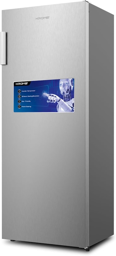 Krome Single Door Upright Freezer, Electronic Touch Temperature Control, Energy Efficient, 3 Drawers &amp; 4 Shelves, Smart Door Alarm, Inox, KR-UF220IM