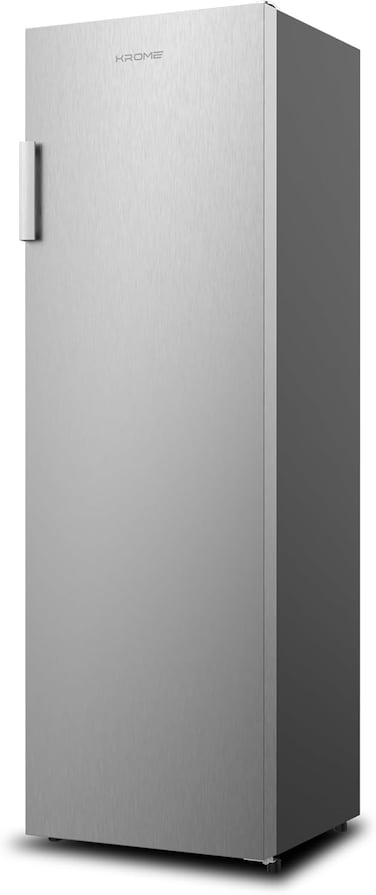KROME Single Door Upright Freezer Massive Capacity Energy-Efficient Cooling Electronic Touch Temperature Control Sleek Inox Finish 4 Drawers, 2 Bottle Racks &amp; 5 Shelves Door Alarm KR-UF 270IM