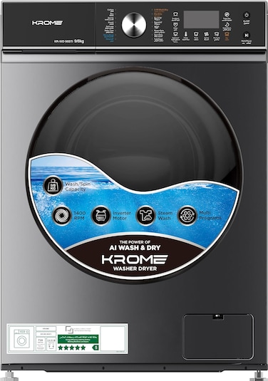 Krome Front Loading Washer Dryer Machine, 9 Kg Washing, 6Kg Drying, 1400 RPM, 16 Program, Variable Temp, Foam Sensing &amp; Removal, BLDC Motor, Auto Restart &amp; Balance, Load Detect, Child Lock -KR-WD96STI