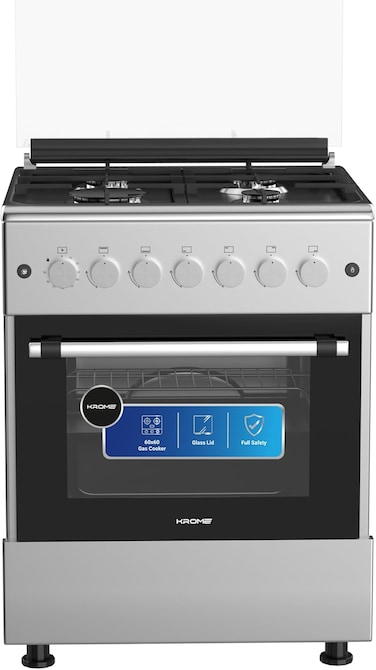Krome 60x60cm Free Standing Gas Cooker, 4 Euro Pool Gas Burners, Flame Failure, Single Turbo Fan, Even Heat Distribution, Push Button Ignition, Stainless Steel, KR-CR6061FE