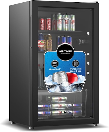 Krome 120L Beverage Cooler, Free Standing, Single Door, 2 Glass Shelves, Crisper Drawer, Blue LED Light, Recessed Handle, Manual Temperature Control, Eco-Friendly R600a, Black, KR-BC120DM