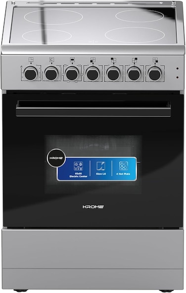 Krome 60x60cm Freestanding Electric Cooker, Vitroceramic Hob, 4 Zones, Thermostat Oven, Turbo Fan, Grill, Dishwarmer, Double Glass Door, A-Class Energy, Silver, KR-CC6060O