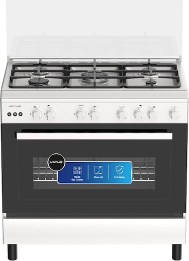 Krome 90x60cm Free Standing Gas Cooker, Matte Stainless Steel, Dual Layer Tempered Glass, Auto Ignition, Cast Iron Pan Support, Flame Failure Device, Adjustable Legs, LPG 28mbar, KR-CR9060G