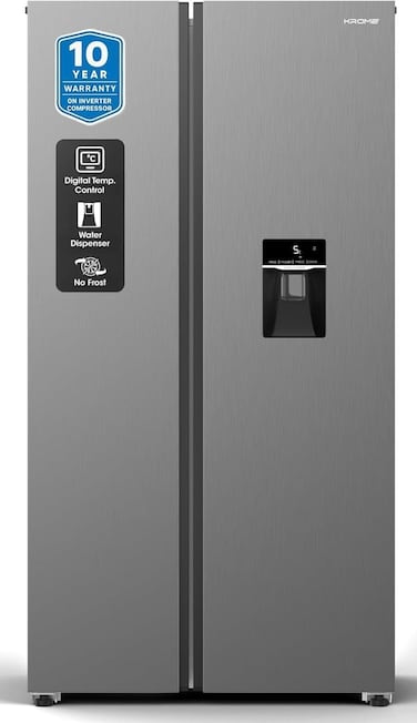 Krome 701L Gross Side-By-Side Refrigerator, Inverter Compressor, Total No Frost, External LED Display, Water Dispenser, Ice Twister, Door Alarm, INOX, KR-SBS701WIH