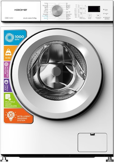 Krome 6 kg Front Load Washing Machine Capacity 1000 RPM Spin BLDC Inverter Motor 16 Wash Programs LED Display Energy Efficient Stainless Steel Drum White - KR-WFL60WSI