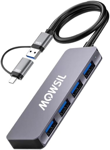 ماوسيل موزع USB 3.0 بـ4 منافذ - 5 جيجابايت في الثانية، منفذ شحن، محول USB-C قابل للفصل، كيبل 8 سم، هيكل من الالومنيوم - قاعدة لابتوب لاجهزة ماك وايباد وديل واتش بي وتي جي