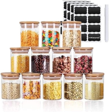 MahMir Glass Jars Set 300ML, MahMir 12 pcs Set Glass Spice Jars with Bamboo Airtight Lids and Labels, Food Cereal Storage Spice Containers for Home Kitchen Tea Herbs Coffee Flour Herbs Grains (Round)